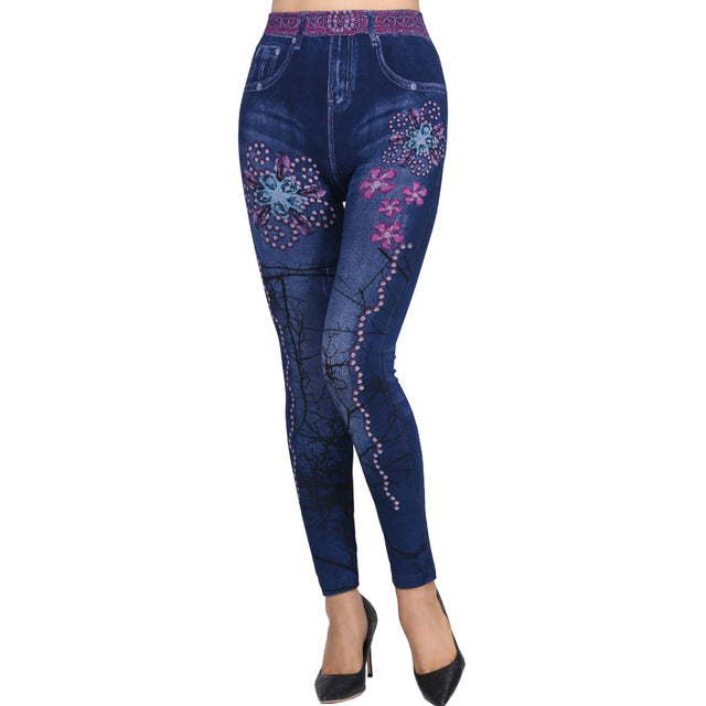 Fashion Slim Women Leggings Faux Denim Jeans Leggings Sexy Long Pocket Printing Summer Leggings Casual Pencil Pants Plus size