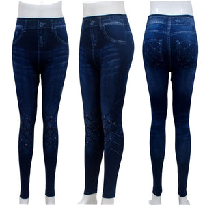 Fashion Slim Women Leggings Faux Denim Jeans Leggings Sexy Long Pocket Printing Summer Leggings Casual Pencil Pants Plus size