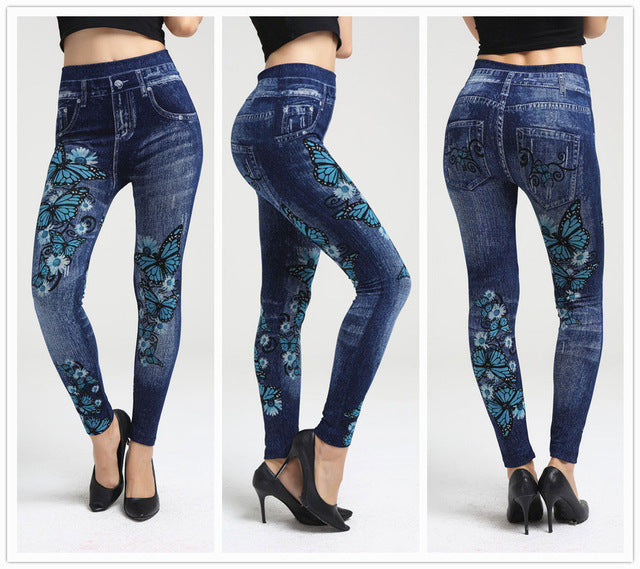 Fashion Slim Women Leggings Faux Denim Jeans Leggings Sexy Long Pocket Printing Summer Leggings Casual Pencil Pants Plus size