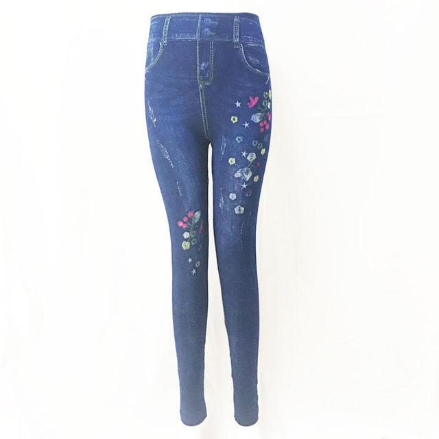 Fashion Slim Women Leggings Faux Denim Jeans Leggings Sexy Long Pocket Printing Summer Leggings Casual Pencil Pants Plus size