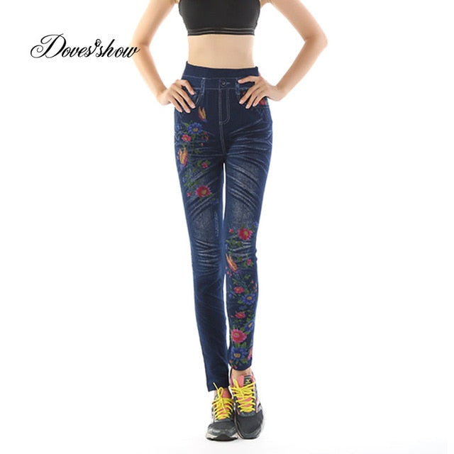 Fashion Slim Women Leggings Faux Denim Jeans Leggings Sexy Long Pocket Printing Summer Leggings Casual Pencil Pants Plus size