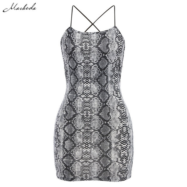 Macheda Sexy Cross Bandage Backless Bodycon Dress Women Sleeveless Halter Summer Dress Snake Print Short Party Casual Mini Dress