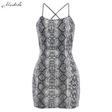 Macheda Sexy Cross Bandage Backless Bodycon Dress Women Sleeveless Halter Summer Dress Snake Print Short Party Casual Mini Dress