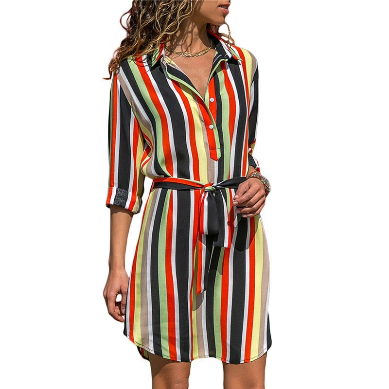 Long Sleeve Shirt Dress 2019 Summer Chiffon Boho Beach Dresses Women Casual Striped Print A-line Mini Party Dress Vestidos