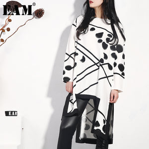 [EAM] 2019 New Spring Summer Round Neck Long Sleeve Pattern Printed Irregular Hem Split Joint Loose Dress Women Fashion JO349