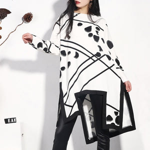 [EAM] 2019 New Spring Summer Round Neck Long Sleeve Pattern Printed Irregular Hem Split Joint Loose Dress Women Fashion JO349