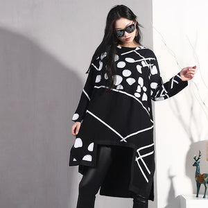 [EAM] 2019 New Spring Summer Round Neck Long Sleeve Pattern Printed Irregular Hem Split Joint Loose Dress Women Fashion JO349