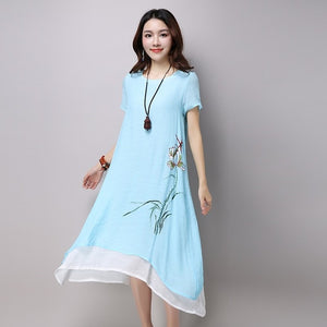 cotton linen vintage floral print plus size women casual loose long summer dress elegant vestidos clothes 2019 dresses