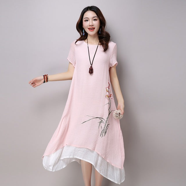 cotton linen vintage floral print plus size women casual loose long summer dress elegant vestidos clothes 2019 dresses