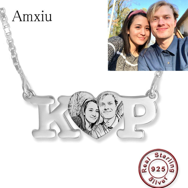 Amxiu 100% 925 Sterling Silver Necklace Engrave Picture Initials Name Pendant Necklace DIY Photo Necklace Personalized Jewelry