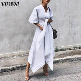 VONDA Fashion 2019 Summer Dress Vintage Long Maxi Dress Women Short Sleeve Sexy V Neck Asymmetrical High Waist Party Vestidos