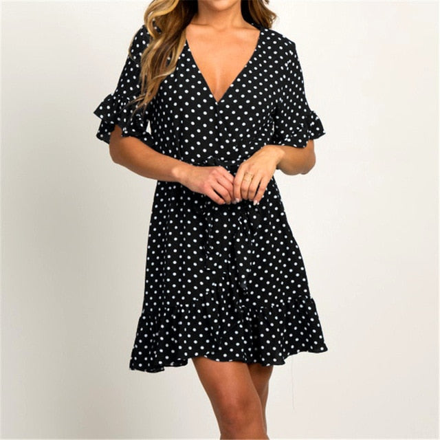 Summer Chiffon Dress 2019 Boho Style Beach Dress Fashion Short Sleeve V-neck Polka Dot A-line Party Dress Sundress Vestidos