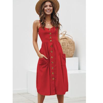 Button Striped Print Cotton Linen Casual Summer Dress 2019 Sexy Spaghetti Strap V-neck Off Shoulder Women Midi Dress Vestidos