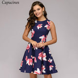 Capucines Ladies Elegant Printing Creamy-white Summer Dress Casual Sleeveless Round Neck Mini A word Party Dress For Women