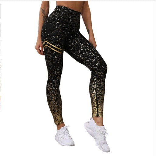 Women Leggings No Transparent Metallic Foil Print Leggings Exercise Fitness Patchwork Push Up Female Pants