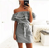 Women Dresses cheap cloth Striped Sashes Summer Dress Ruffle Collar 2019 Bandage Sundress Casual Sexy Vestidos De Festa OYM0304