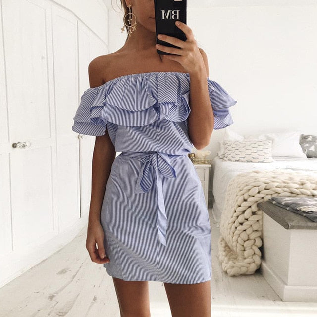 Women Dresses cheap cloth Striped Sashes Summer Dress Ruffle Collar 2019 Bandage Sundress Casual Sexy Vestidos De Festa OYM0304