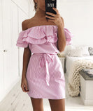 Women Dresses cheap cloth Striped Sashes Summer Dress Ruffle Collar 2019 Bandage Sundress Casual Sexy Vestidos De Festa OYM0304