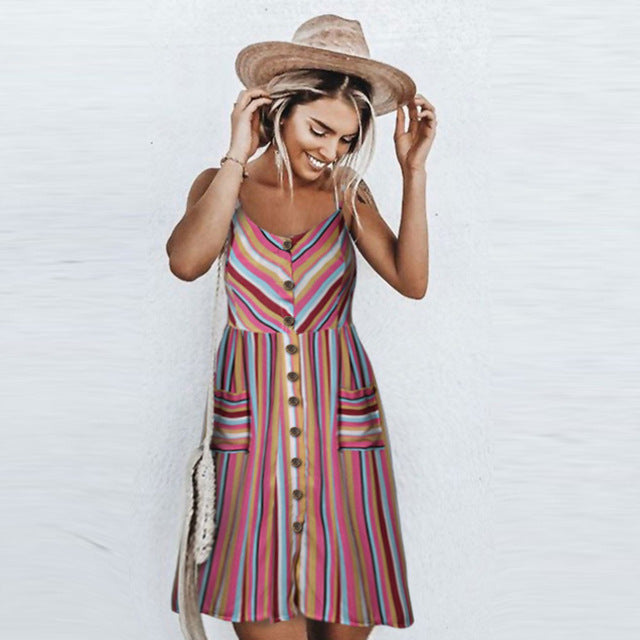 Vintage Army Green Sundress Women Summer Dress 2019 Boho Style Sexy Dress Midi Button Backless Striped Floral Beach Dress Female