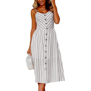 Vintage Army Green Sundress Women Summer Dress 2019 Boho Style Sexy Dress Midi Button Backless Striped Floral Beach Dress Female