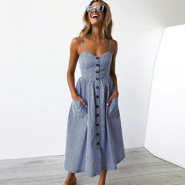 Vintage Army Green Sundress Women Summer Dress 2019 Boho Style Sexy Dress Midi Button Backless Striped Floral Beach Dress Female