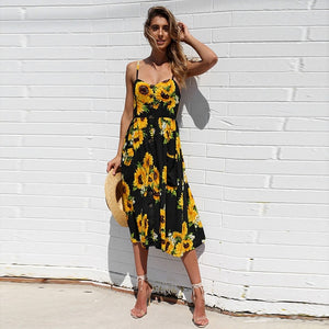 Vintage Army Green Sundress Women Summer Dress 2019 Boho Style Sexy Dress Midi Button Backless Striped Floral Beach Dress Female