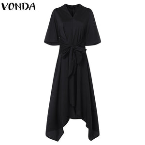 VONDA Fashion 2019 Summer Dress Vintage Long Maxi Dress Women Short Sleeve Sexy V Neck Asymmetrical High Waist Party Vestidos