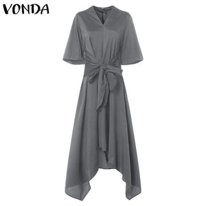 VONDA Fashion 2019 Summer Dress Vintage Long Maxi Dress Women Short Sleeve Sexy V Neck Asymmetrical High Waist Party Vestidos