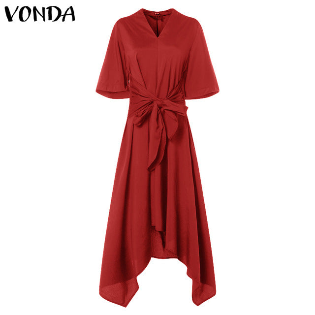 VONDA Fashion 2019 Summer Dress Vintage Long Maxi Dress Women Short Sleeve Sexy V Neck Asymmetrical High Waist Party Vestidos