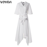 VONDA Fashion 2019 Summer Dress Vintage Long Maxi Dress Women Short Sleeve Sexy V Neck Asymmetrical High Waist Party Vestidos