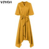 VONDA Fashion 2019 Summer Dress Vintage Long Maxi Dress Women Short Sleeve Sexy V Neck Asymmetrical High Waist Party Vestidos