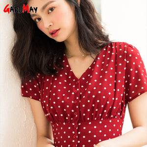 women's red polka dot dress sexy v neck vintage maxi summer dress mid elegant chiffon short sleeve women long dresses 2019