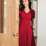 women's red polka dot dress sexy v neck vintage maxi summer dress mid elegant chiffon short sleeve women long dresses 2019