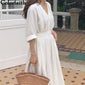 Colorfaith New 2019 Women Dresses Spring Summer Cotton Linen legant Ladies Pleated Long White Dresses V Neck Lace Up Bow DR1086