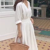 Colorfaith New 2019 Women Dresses Spring Summer Cotton Linen legant Ladies Pleated Long White Dresses V Neck Lace Up Bow DR1086