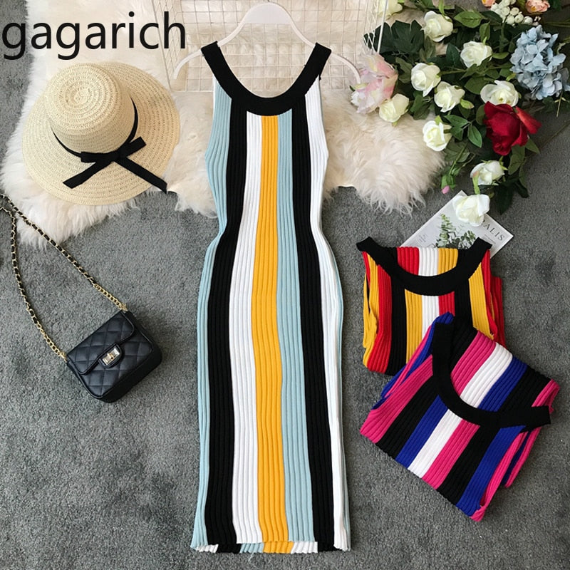 Gagarich 2019 Casual Stretch Striped Women Dress Sleeveless Spring Summer Vintage Bodycon Sweater Dresses Knitted Vestidos