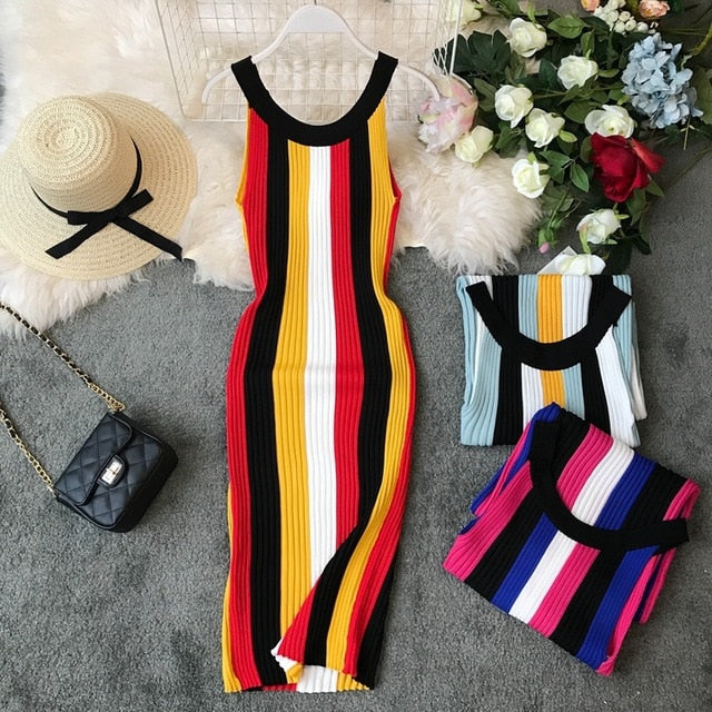 Gagarich 2019 Casual Stretch Striped Women Dress Sleeveless Spring Summer Vintage Bodycon Sweater Dresses Knitted Vestidos